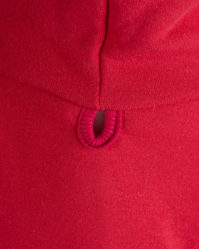 Hanorac roșu pentru câini cu imprimeu Woof Crew și glugă poză spate detaliu