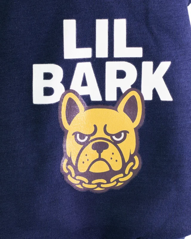 Hanorac albastru pentru câini cu imprimeu Lil Bark detaliu imprimeu