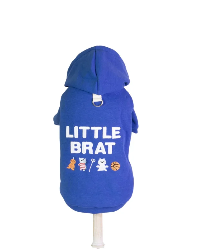 Hanorac albastru pentru câini cu imprimeu Little Brat, confecționat din material moale și călduros