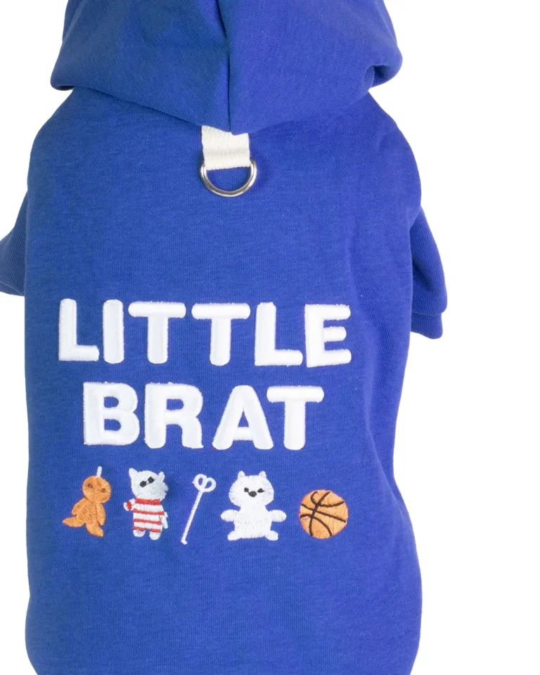Hanorac albastru pentru câini cu imprimeu Little Brat, confecționat din material moale și călduros poza detaliu