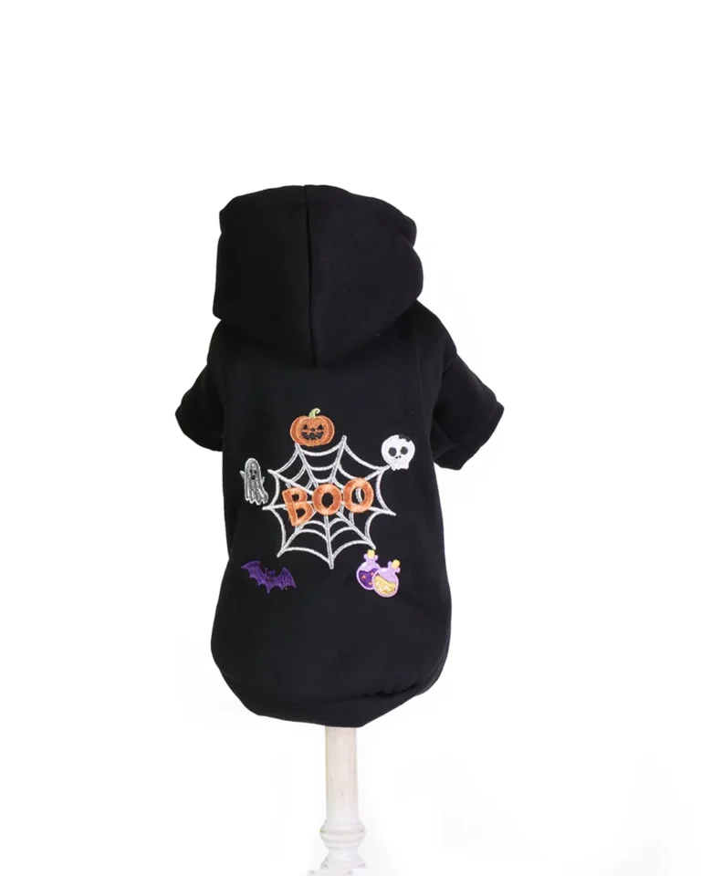 Hanorac negru pentru câini cu imprimeu Boo Halloween din bumbac moale