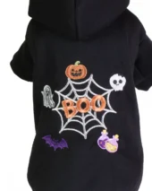 Hanorac negru pentru câini cu imprimeu Boo Halloween din bumbac moale detaliu