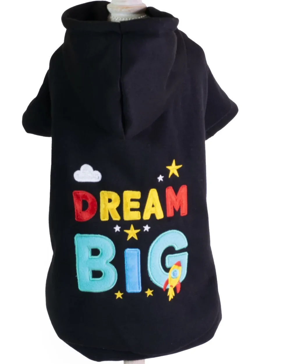 hanorac negru pentru câini, cu glugă și imprimeu vesel Dream Big, ideal pentru sezonul rece detalii