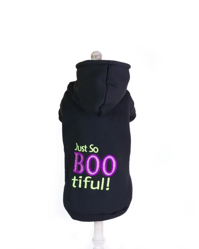 hanorac tematic pentru câini Just So BOOtiful negru cu imprimeu colorat, îmbrăcăminte de Halloween pentru căței CristaliaPet