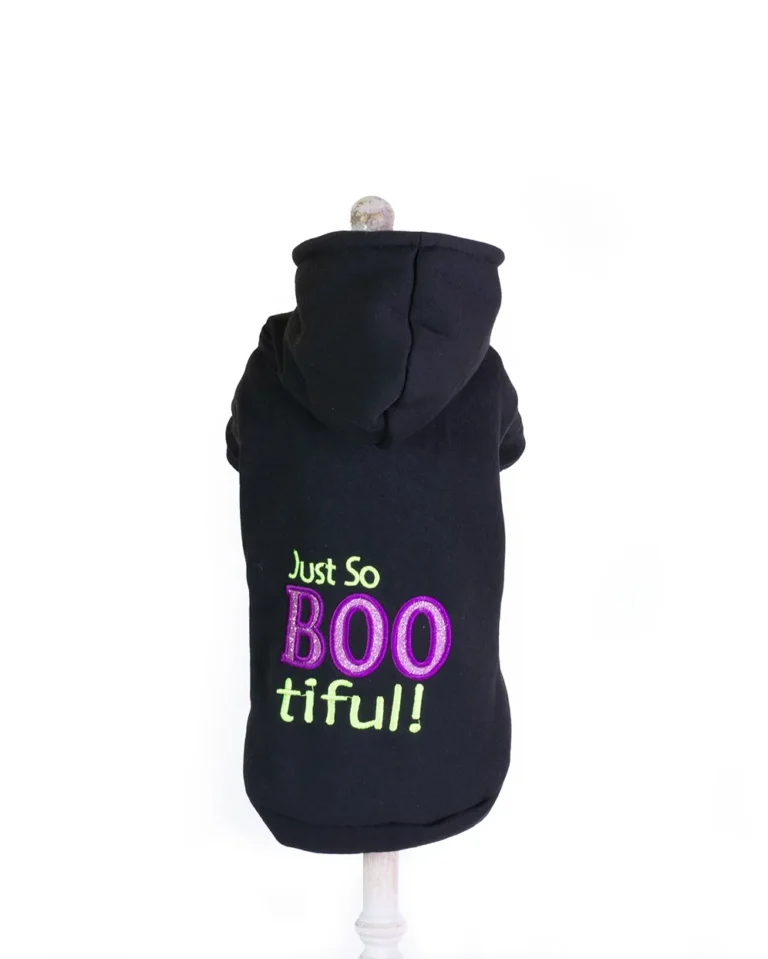 hanorac tematic pentru câini Just So BOOtiful negru cu imprimeu colorat, îmbrăcăminte de Halloween pentru căței CristaliaPet
