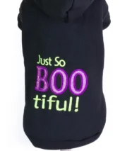 hanorac tematic pentru câini Just So BOOtiful negru cu imprimeu colorat, îmbrăcăminte de Halloween pentru căței CristaliaPet detaliu