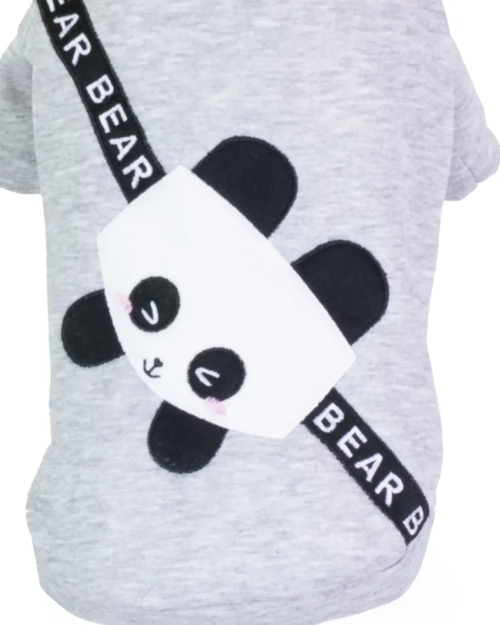Detaliu imprimeu Panda pe hanorac gri pentru căței