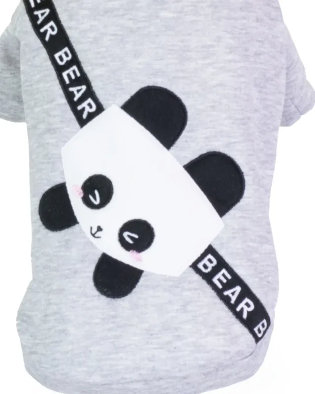 Detaliu imprimeu Panda pe hanorac gri pentru căței