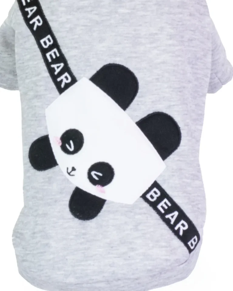 Detaliu imprimeu Panda pe hanorac gri pentru căței