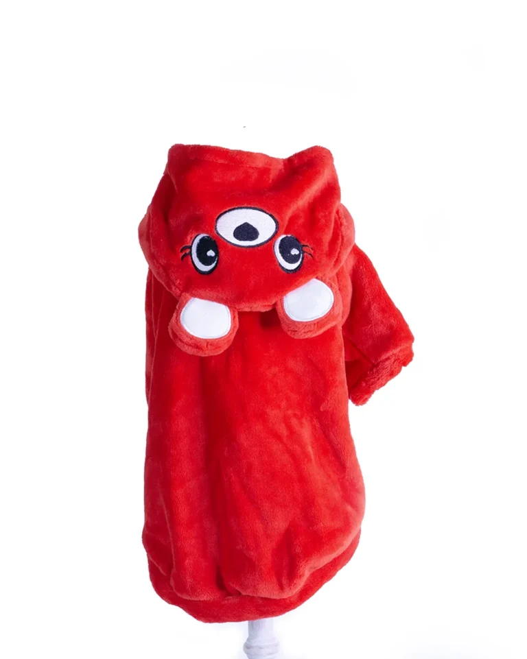 Hanorac pufos pentru câini roșu cu glugă Ursuleț 2