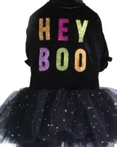 detaliu fusta tull neagra cu stelute aurii pe rochie caini halloween