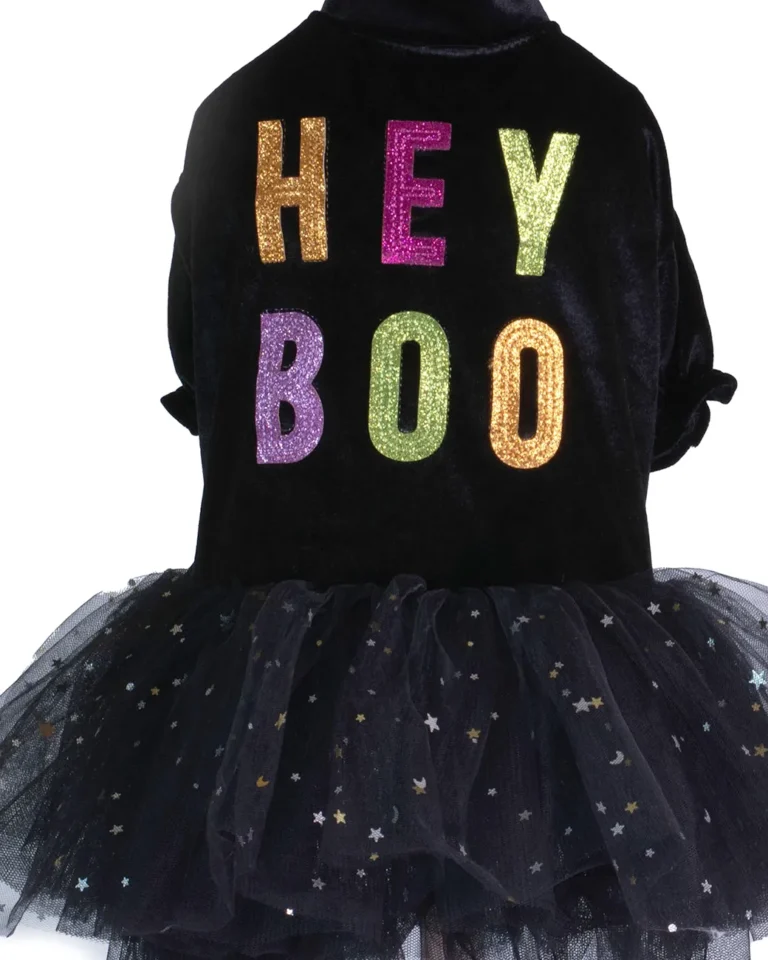 detaliu fusta tull neagra cu stelute aurii pe rochie caini halloween