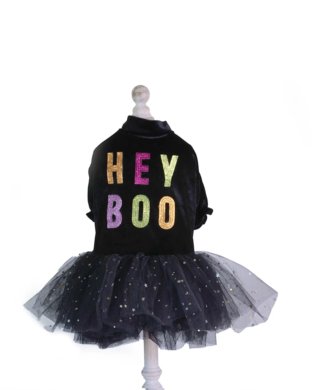 rochie-caini-halloween-negru-hey-boo rochie caini halloween neagra cu imprimeu hey boo si fusta tull cu stelute