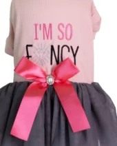 Rochie roz pentru câini cu tull gri și funda roz, model I'm so fancy detaliu