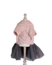 Rochie roz pentru câini cu tull gri și funda roz, model I'm so fancy poză față