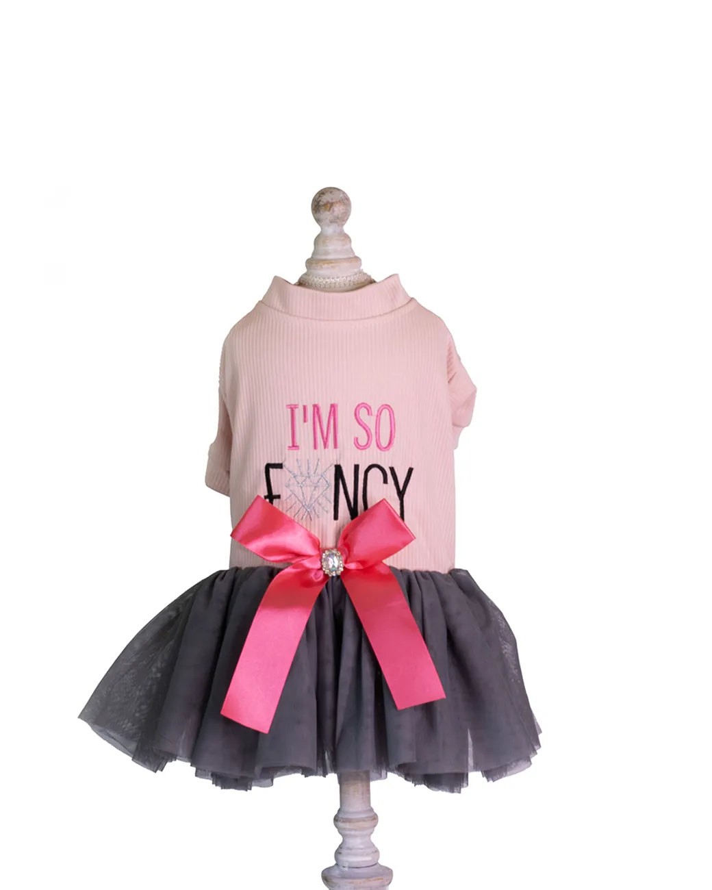 rochie-caini-roz-im-so-fancy Rochie roz pentru câini cu tull gri și funda roz, model I'm so fancy