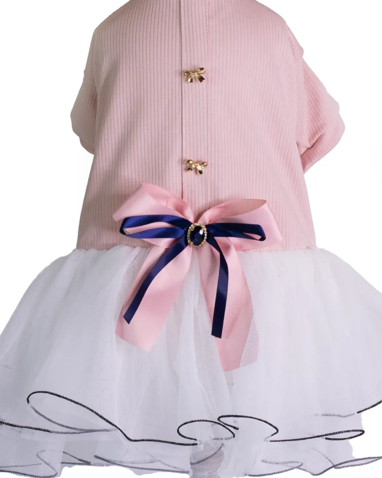 fundă satin roz pal și bleumarin pe rochie elegantă câini detaliu